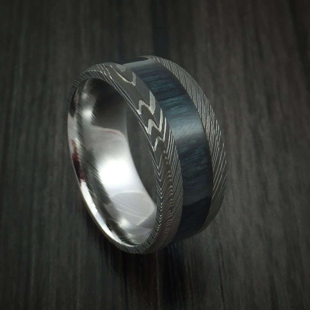 Sentinel X - Damascus Steel Men's Wedding Ring Inlaid with Blueberry Wood - Nura Lab
