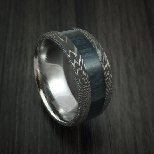 Sentinel X - Damascus Steel Men's Wedding Ring Inlaid with Blueberry Wood - Nura Lab
