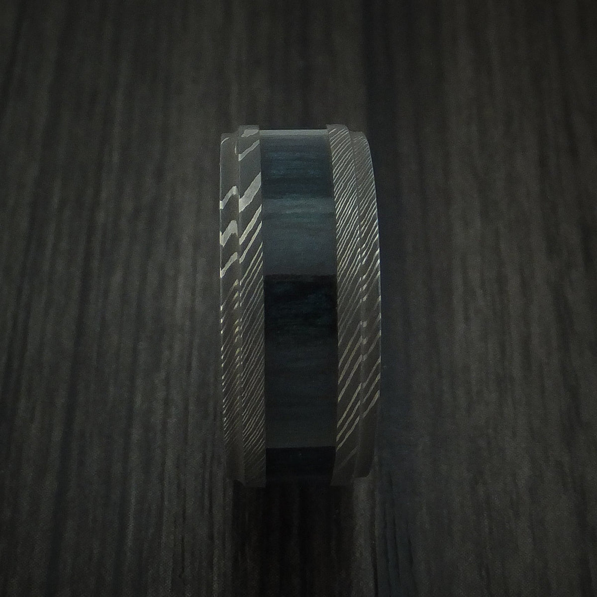 Sentinel X - Damascus Steel Men's Wedding Ring Inlaid with Blueberry Wood - view 3 - Nura Lab
