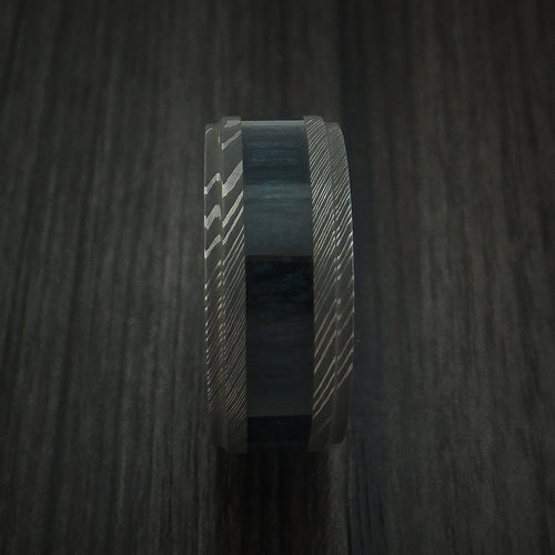 Sentinel X - Damascus Steel Men's Wedding Ring Inlaid with Blueberry Wood - view 3 - Nura Lab