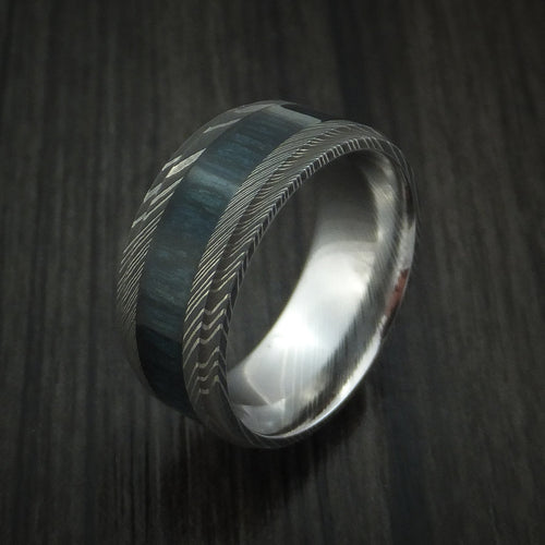 Sentinel X - Damascus Steel Men's Wedding Ring Inlaid with Blueberry Wood - view 4 - Nura Lab