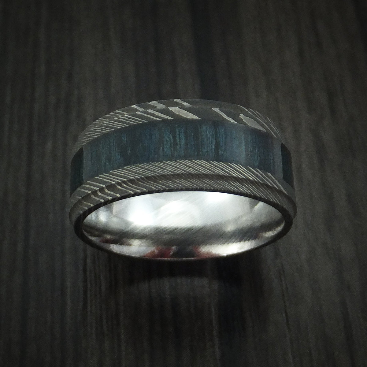 Sentinel X - Damascus Steel Men's Wedding Ring Inlaid with Blueberry Wood - view 2 - Nura Lab