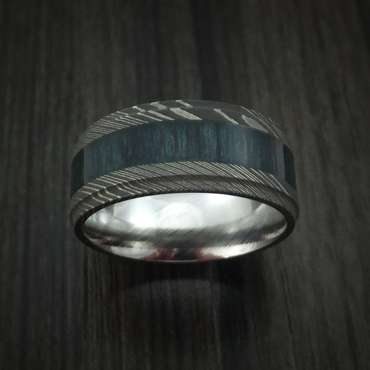 Sentinel X - Damascus Steel Men's Wedding Ring Inlaid with Blueberry Wood - view 2 - Nura Lab
