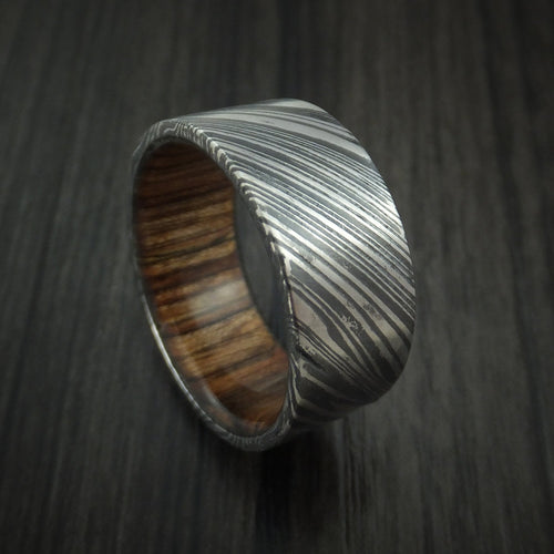 King George XI - Woodgrain Kuro Damascus Steel Men's Wedding Ring with Walnut Wood Hardwood Sleeve Wood Band - Nura Lab