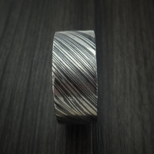 King George XI - Woodgrain Kuro Damascus Steel Men's Wedding Ring with Walnut Wood Hardwood Sleeve Wood Band - view 3 - Nura Lab
