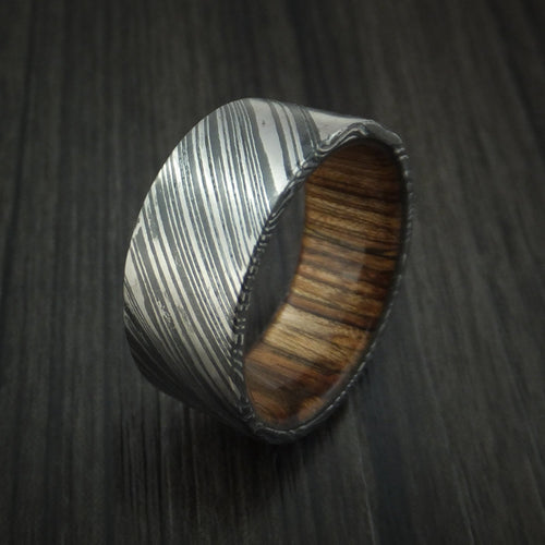 King George XI - Woodgrain Kuro Damascus Steel Men's Wedding Ring with Walnut Wood Hardwood Sleeve Wood Band - view 4 - Nura Lab
