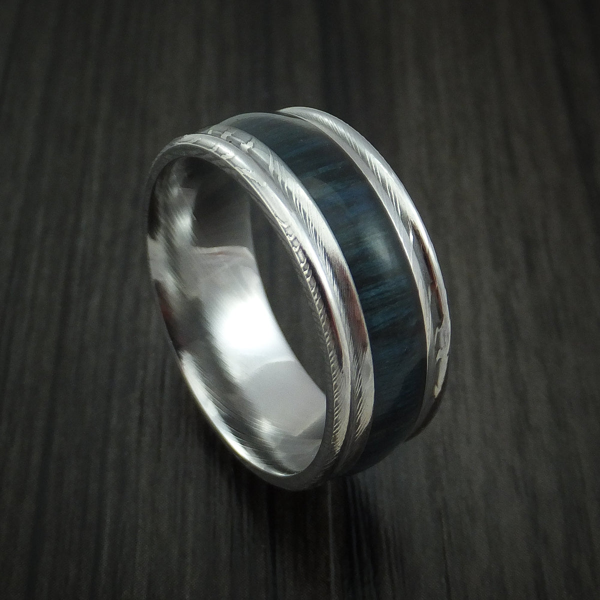 King Edward XI - Damascus Steel Men's Wedding Ring Inlaid with Blueberry Hard Wood - Nura Lab