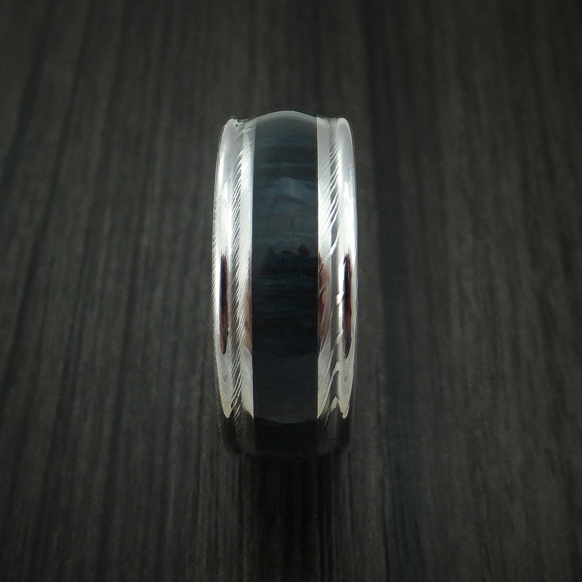 King Edward XI - Damascus Steel Men's Wedding Ring Inlaid with Blueberry Hard Wood - view 3 - Nura Lab