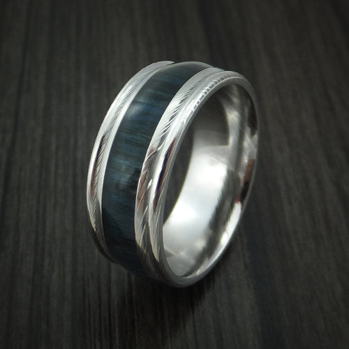 King Edward XI - Damascus Steel Men's Wedding Ring Inlaid with Blueberry Hard Wood - view 4 - Nura Lab