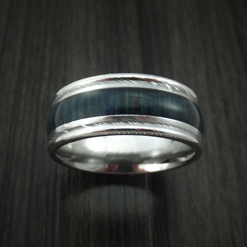 King Edward XI - Damascus Steel Men's Wedding Ring Inlaid with Blueberry Hard Wood - view 2 - Nura Lab
