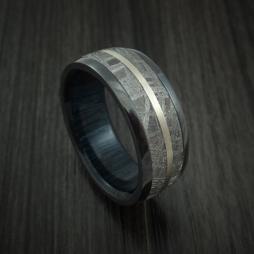 Falcon XII - Gibeon Meteorite in Black Zirconium Band with 14K White Gold and Wood Sleeve Custom Men's Wedding Ring - Nura Lab