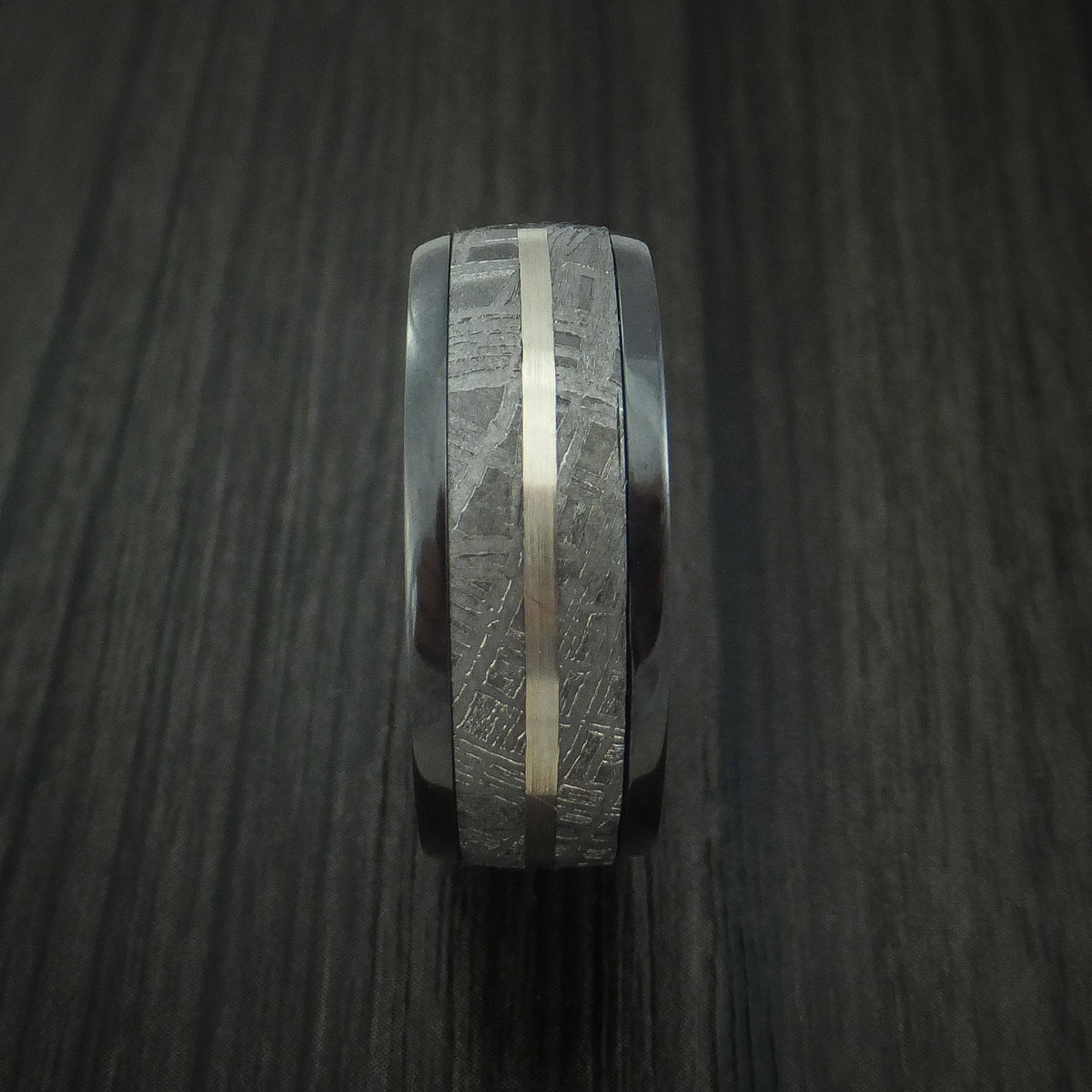Falcon XII - Gibeon Meteorite in Black Zirconium Band with 14K White Gold and Wood Sleeve Custom Men's Wedding Ring - view 3 - Nura Lab