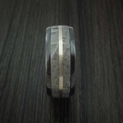 Falcon XII - Gibeon Meteorite in Black Zirconium Band with 14K White Gold and Wood Sleeve Custom Men's Wedding Ring - view 3 - Nura Lab
