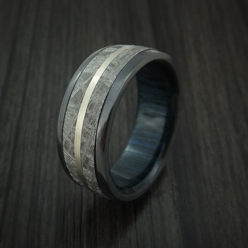Falcon XII - Gibeon Meteorite in Black Zirconium Band with 14K White Gold and Wood Sleeve Custom Men's Wedding Ring - view 4 - Nura Lab