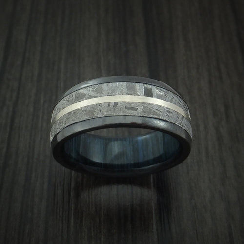 Falcon XII - Gibeon Meteorite in Black Zirconium Band with 14K White Gold and Wood Sleeve Custom Men's Wedding Ring - view 2 - Nura Lab