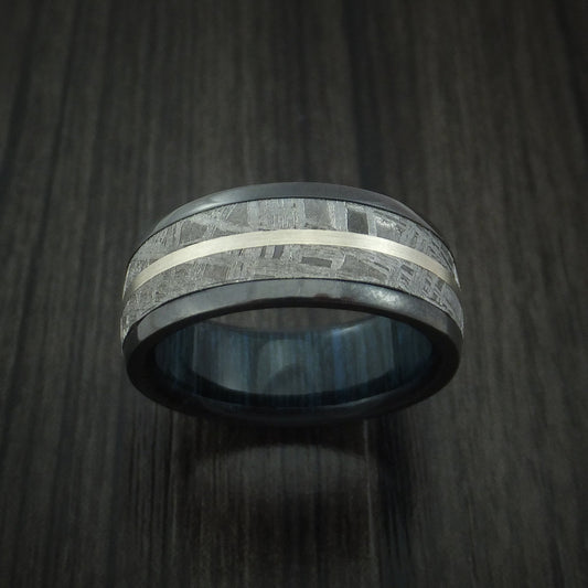 Falcon XII - Gibeon Meteorite in Black Zirconium Band with 14K White Gold and Wood Sleeve Custom Men's Wedding Ring - view 2 - Nura Lab