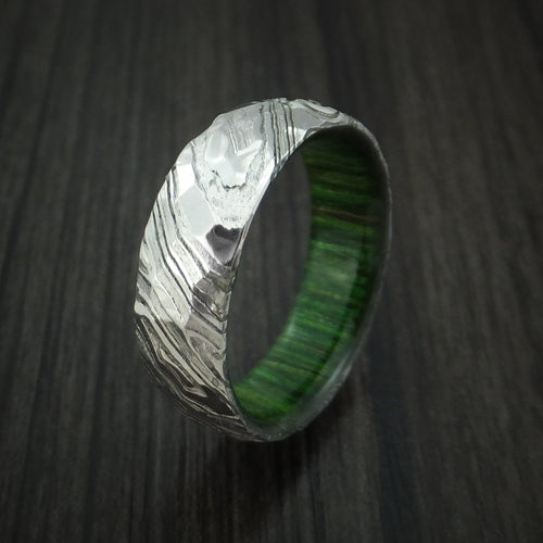 King Henry XI - Woodgrain Kuro Damascus Steel Rock Hammer Men's Wedding Ring with Jade Wood Sleeve - view 4 - Nura Lab