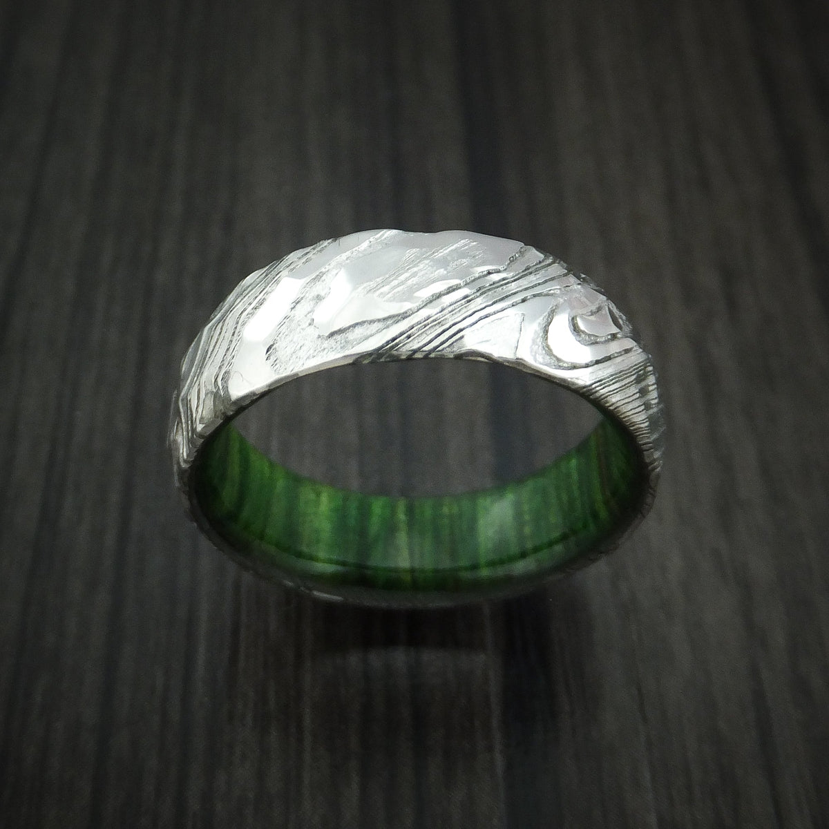 King Henry XI - Woodgrain Kuro Damascus Steel Rock Hammer Men's Wedding Ring with Jade Wood Sleeve - view 2 - Nura Lab