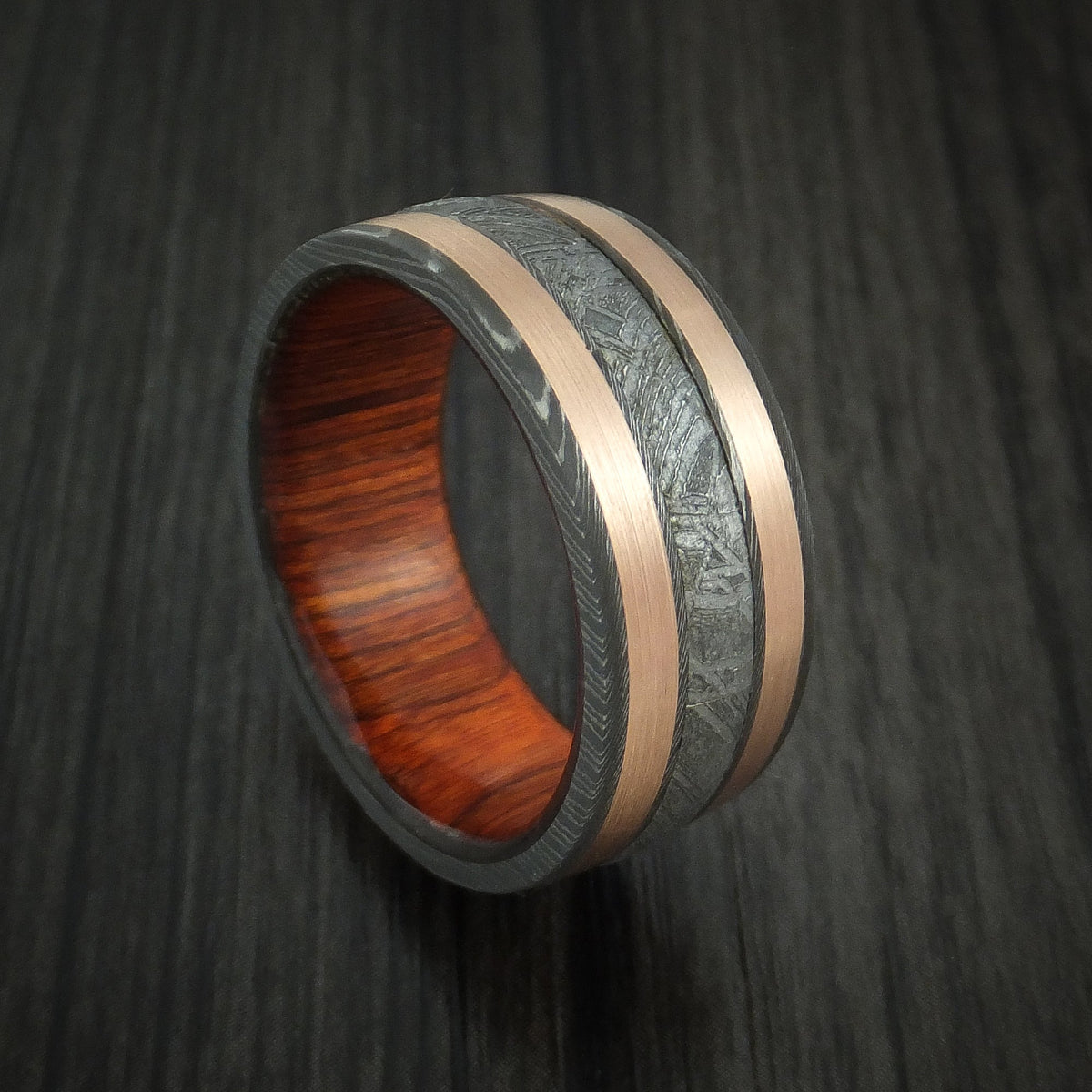 Nomad X - Damascus Steel and Gibeon Meteorite Men's Wedding Ring with Copper Inlays and Wood Sleeve Band - Nura Lab