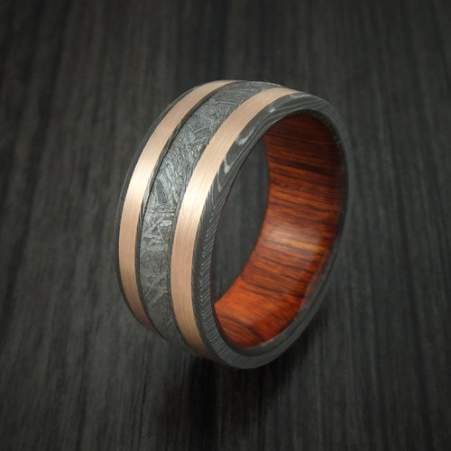Nomad X - Damascus Steel and Gibeon Meteorite Men's Wedding Ring with Copper Inlays and Wood Sleeve Band - view 4 - Nura Lab