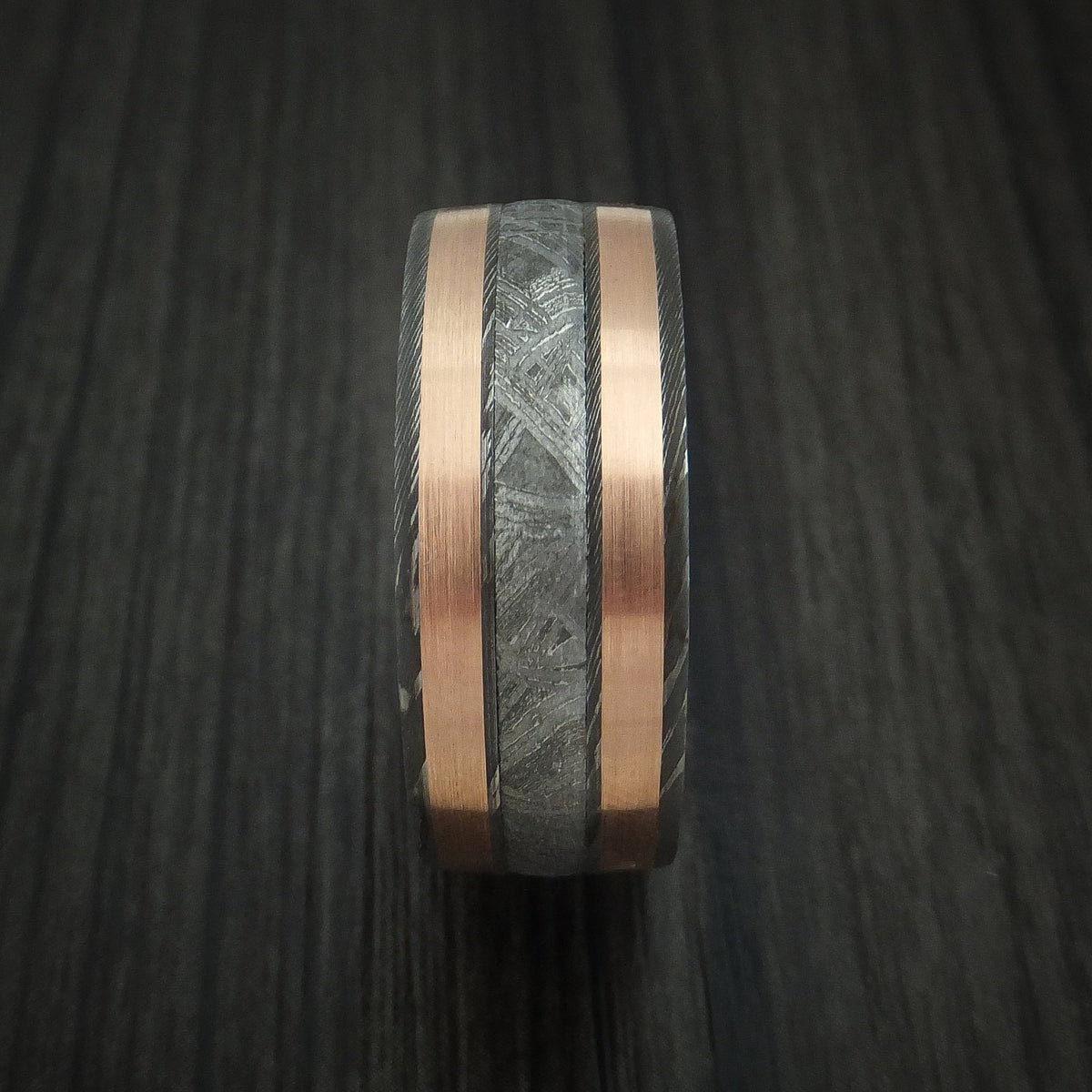 Nomad X - Damascus Steel and Gibeon Meteorite Men's Wedding Ring with Copper Inlays and Wood Sleeve Band - view 3 - Nura Lab