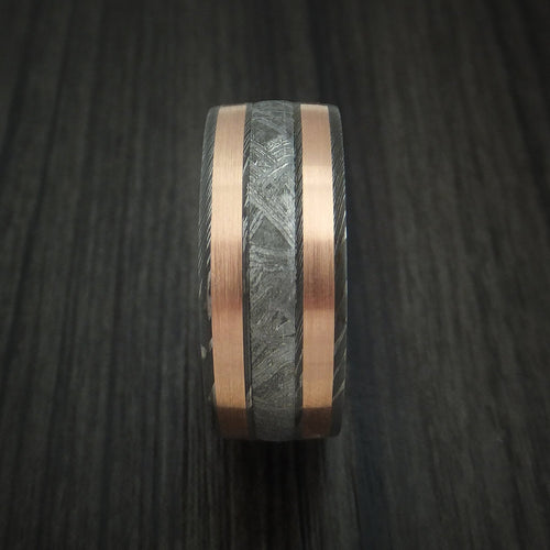 Nomad X - Damascus Steel and Gibeon Meteorite Men's Wedding Ring with Copper Inlays and Wood Sleeve Band - view 3 - Nura Lab