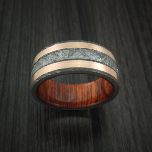 Nomad X - Damascus Steel and Gibeon Meteorite Men's Wedding Ring with Copper Inlays and Wood Sleeve Band - view 2 - Nura Lab