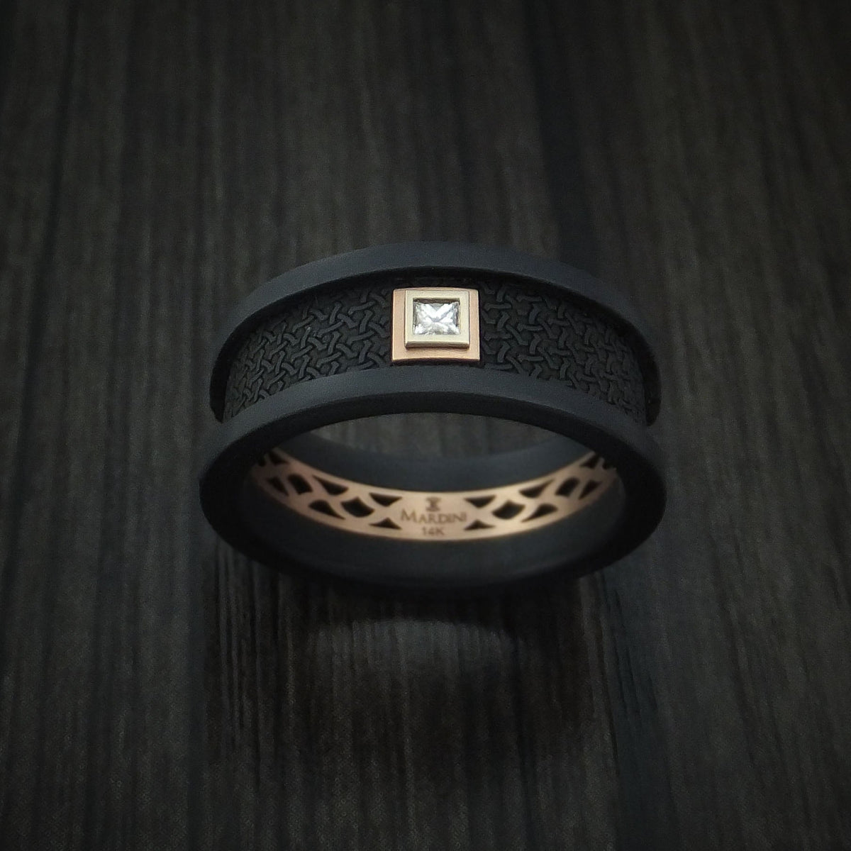 Monarch XIV - Carbon Fiber and 14K Rose Gold Band with Diamond Men's Wedding Ring - view 2 - Nura Lab