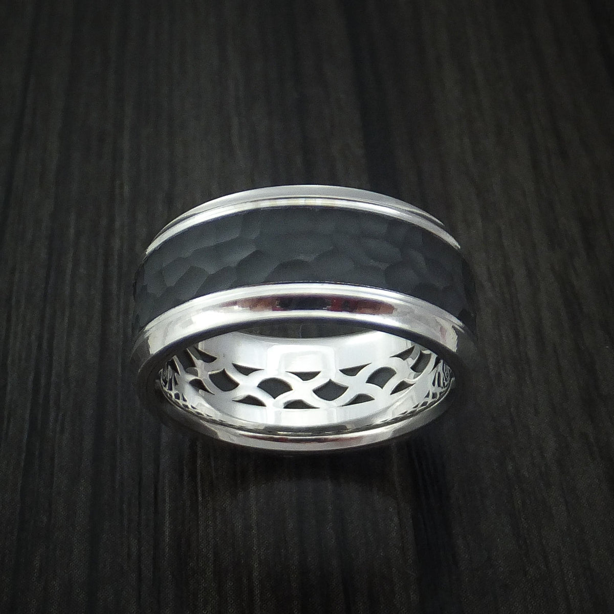 Sovereign XV - 14K White Gold with Hammered Carbon Fiber Men's Wedding Ring - view 2 - Nura Lab