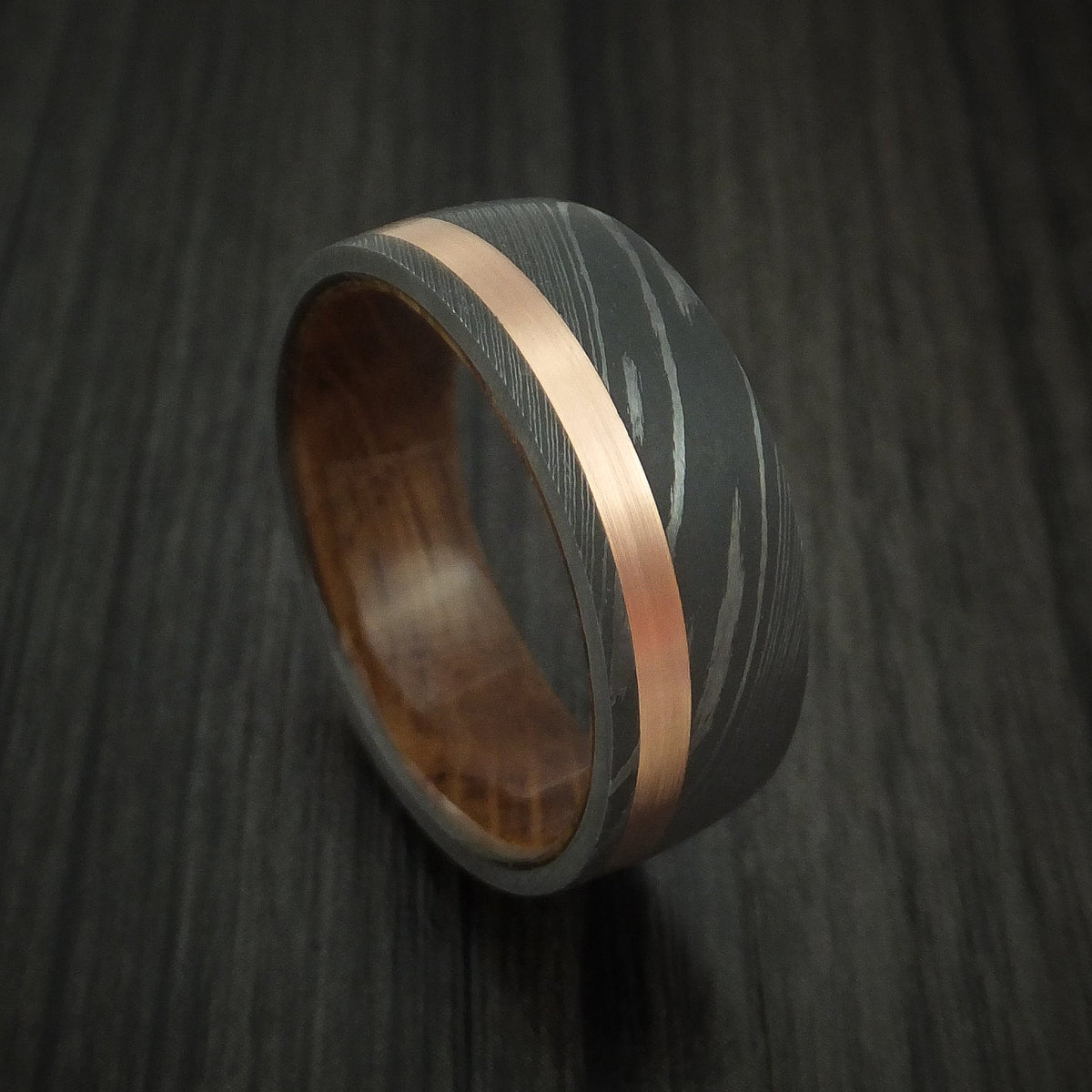 Fortress IX - Damascus Steel Men's Wedding Ring with 14k Rose Gold and Whiskey Barrel Wood Sleeve - Nura Lab