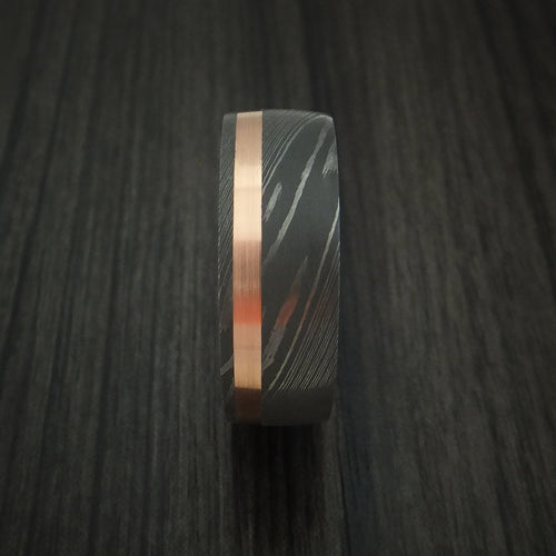 Fortress IX - Damascus Steel Men's Wedding Ring with 14k Rose Gold and Whiskey Barrel Wood Sleeve - view 3 - Nura Lab