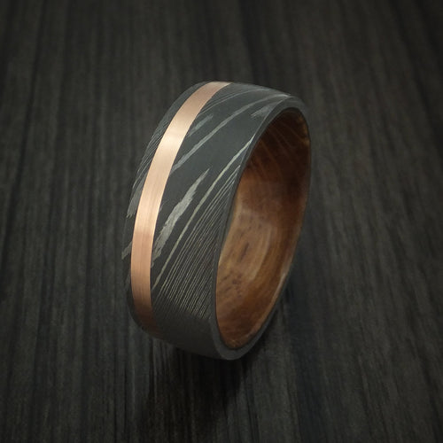 Fortress IX - Damascus Steel Men's Wedding Ring with 14k Rose Gold and Whiskey Barrel Wood Sleeve - view 4 - Nura Lab