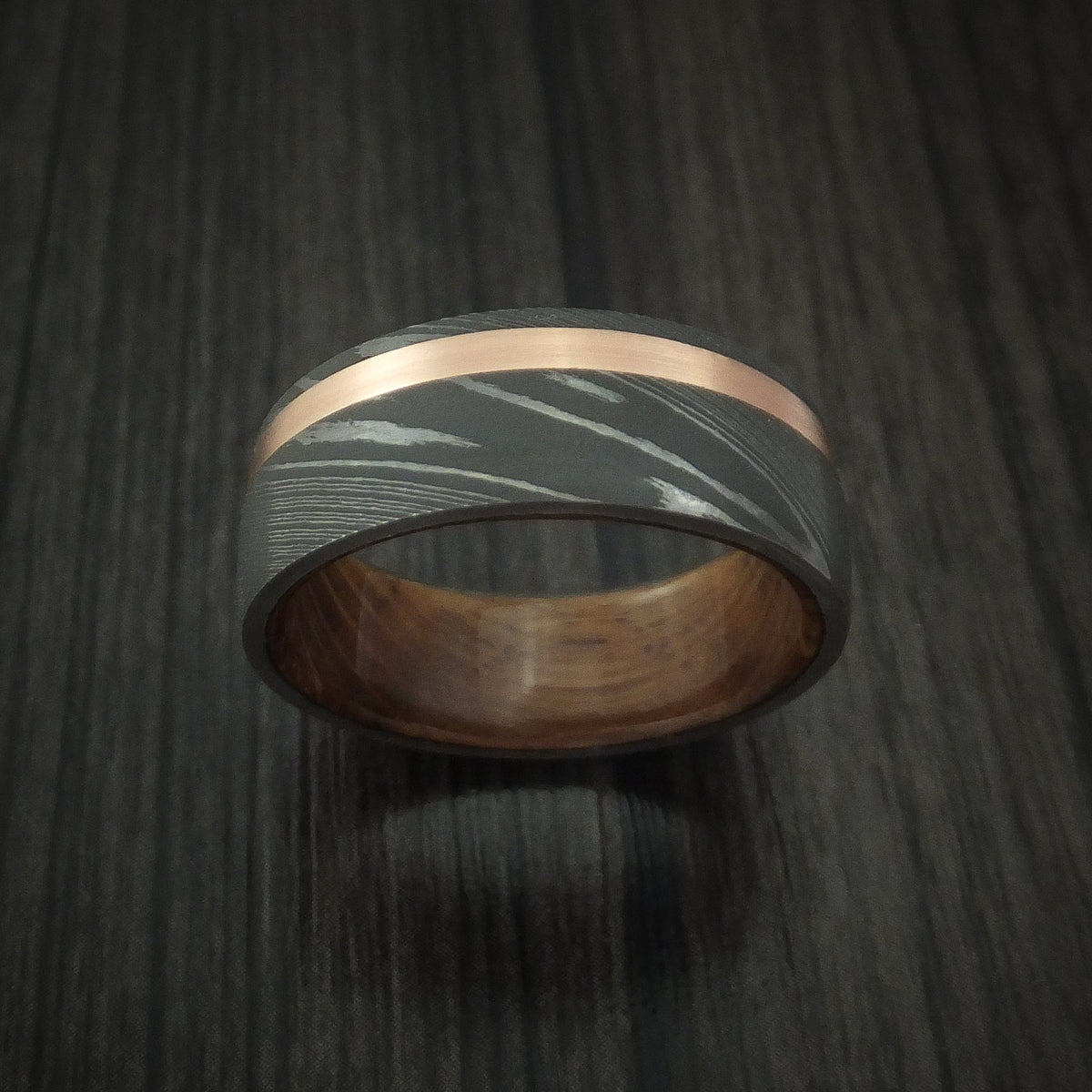 Fortress IX - Damascus Steel Men's Wedding Ring with 14k Rose Gold and Whiskey Barrel Wood Sleeve - view 2 - Nura Lab
