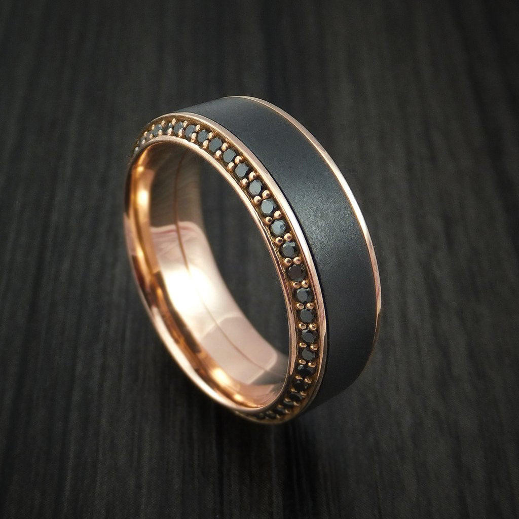 Fiord XVII - 18K Rose Gold Men's Wedding Ring with Black Zirconium Inlay and Eternity Set Black Diamonds Band - Nura Lab