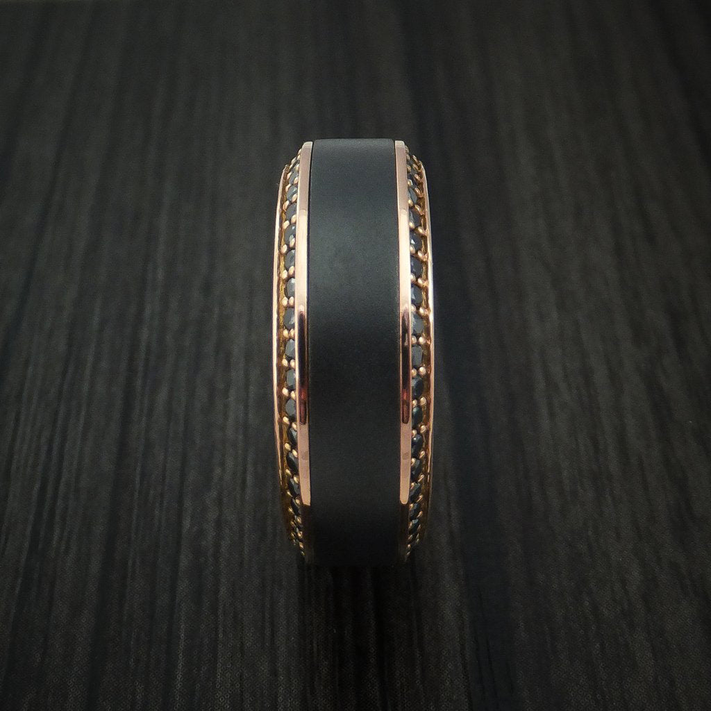 Fiord XVII - 18K Rose Gold Men's Wedding Ring with Black Zirconium Inlay and Eternity Set Black Diamonds Band - view 4 - Nura Lab