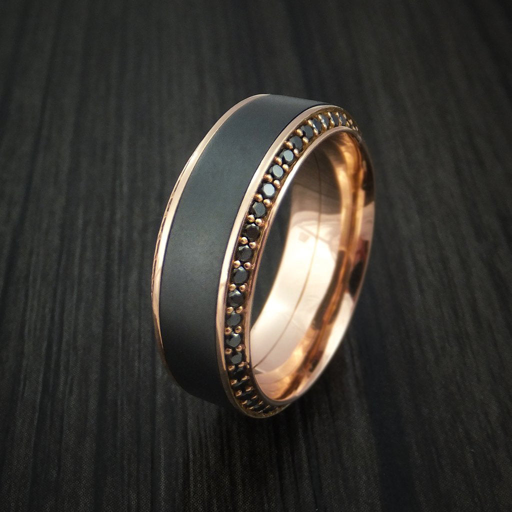 Fiord XVII - 18K Rose Gold Men's Wedding Ring with Black Zirconium Inlay and Eternity Set Black Diamonds Band - view 5 - Nura Lab