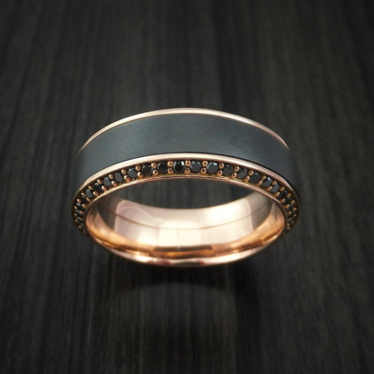 Fiord XVII - 18K Rose Gold Men's Wedding Ring with Black Zirconium Inlay and Eternity Set Black Diamonds Band - view 2 - Nura Lab