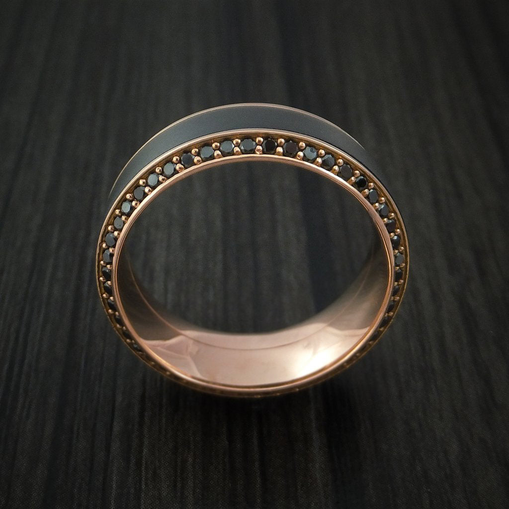Fiord XVII - 18K Rose Gold Men's Wedding Ring with Black Zirconium Inlay and Eternity Set Black Diamonds Band - view 3 - Nura Lab