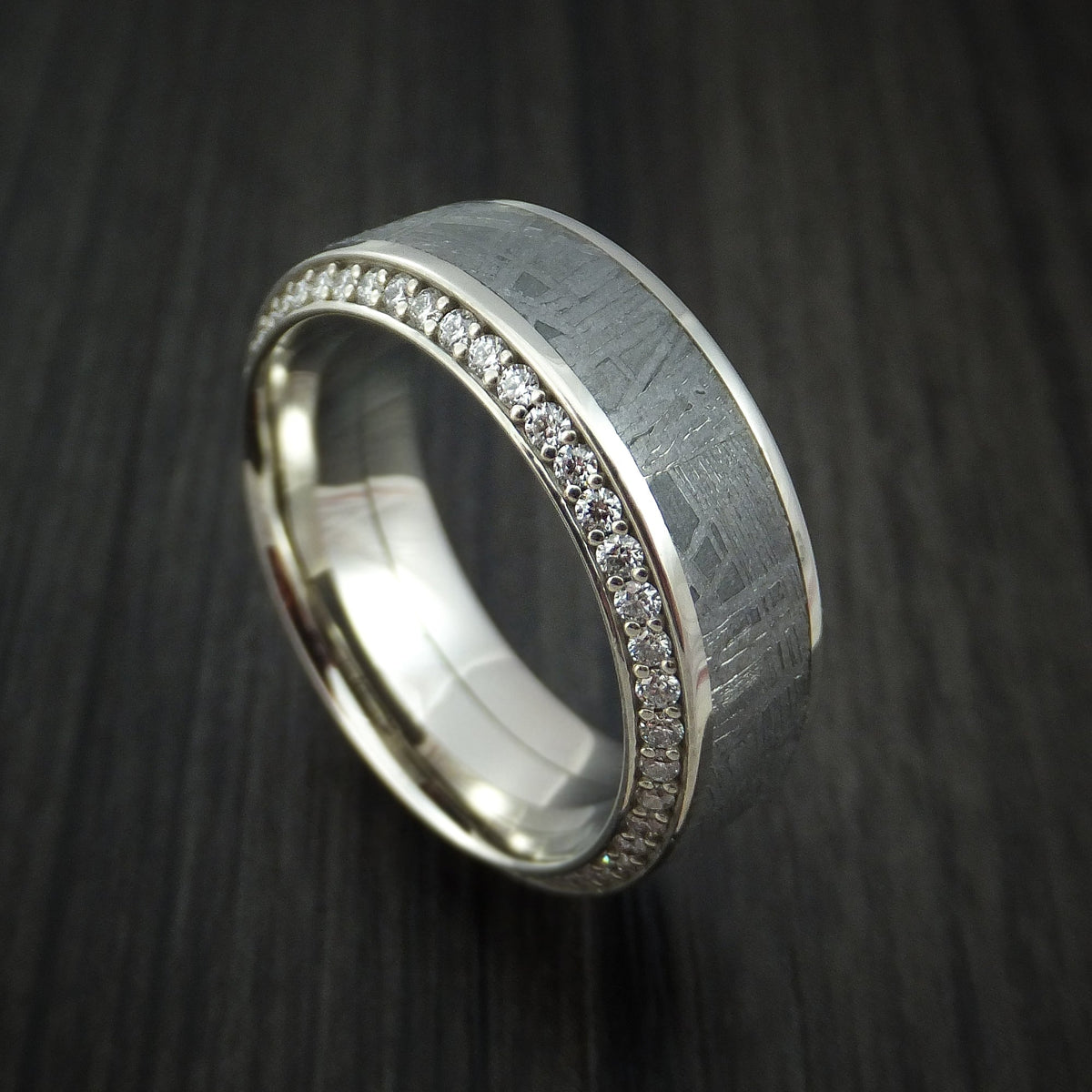 Stronghold XVII - 14K White Gold Men's Wedding Ring with Meteorite Inlay and Eternity Set Diamonds Band - Nura Lab