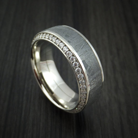 Stronghold XVII - 14K White Gold Men's Wedding Ring with Meteorite Inlay and Eternity Set Diamonds Band - Nura Lab