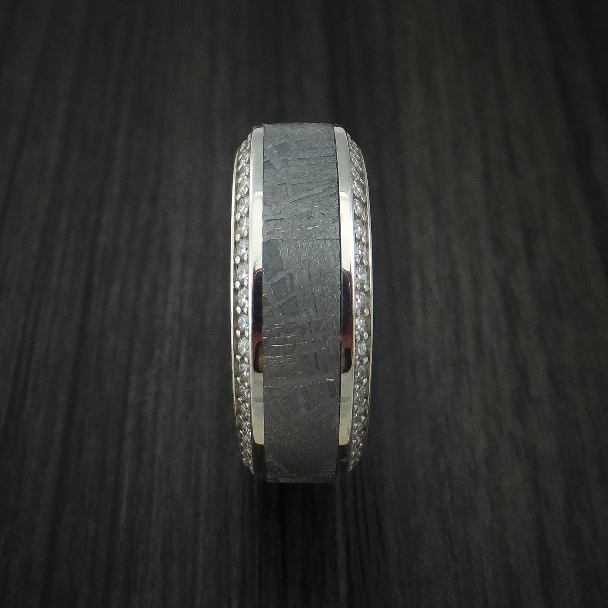 Stronghold XVII - 14K White Gold Men's Wedding Ring with Meteorite Inlay and Eternity Set Diamonds Band - view 3 - Nura Lab