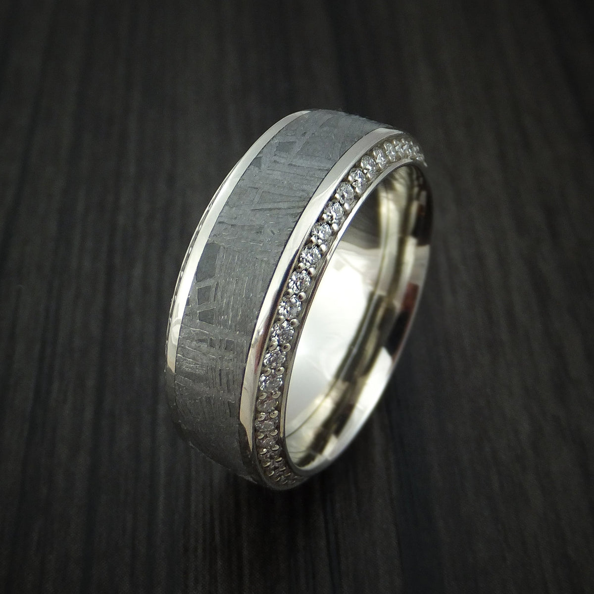 Stronghold XVII - 14K White Gold Men's Wedding Ring with Meteorite Inlay and Eternity Set Diamonds Band - view 4 - Nura Lab