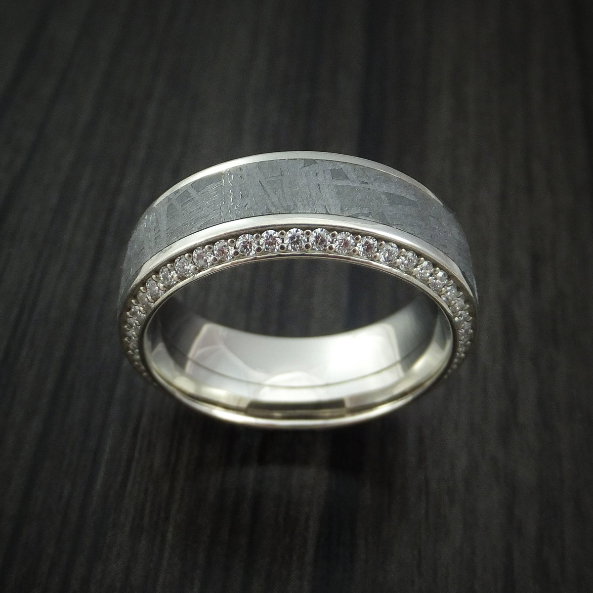 Stronghold XVII - 14K White Gold Men's Wedding Ring with Meteorite Inlay and Eternity Set Diamonds Band - view 2 - Nura Lab
