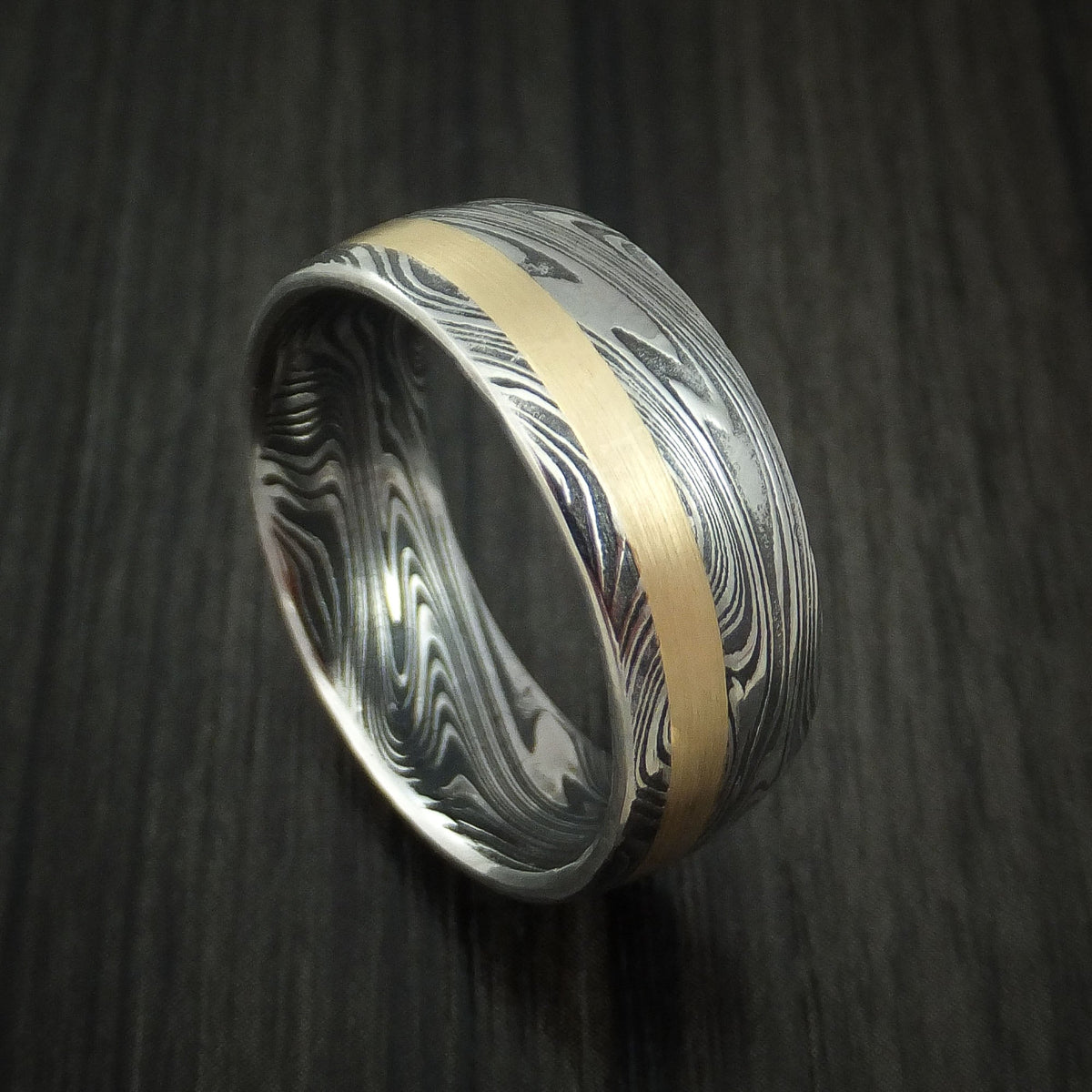Frontier X - Marbled Kuro Damascus Steel and 14k Rose Gold Men's Ring Wedding Ring - Nura Lab