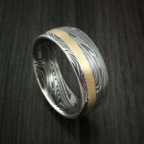 Frontier X - Marbled Kuro Damascus Steel and 14k Rose Gold Men's Ring Wedding Ring - Nura Lab