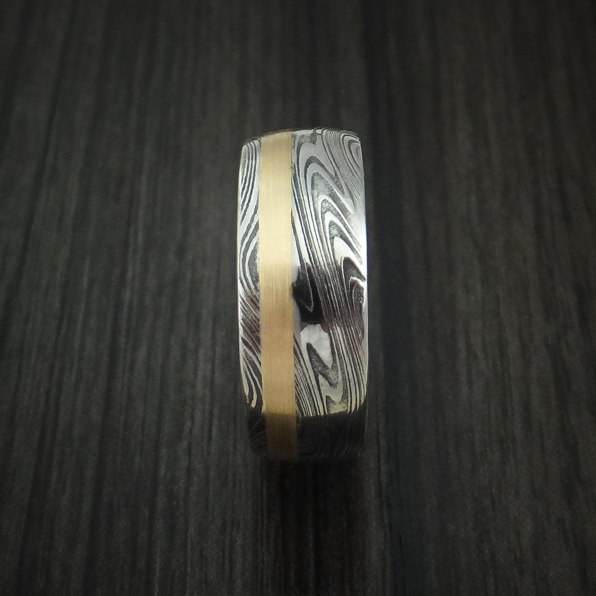 Frontier X - Marbled Kuro Damascus Steel and 14k Rose Gold Men's Ring Wedding Ring - view 3 - Nura Lab
