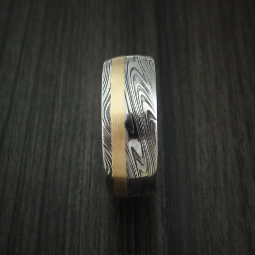 Frontier X - Marbled Kuro Damascus Steel and 14k Rose Gold Men's Ring Wedding Ring - view 3 - Nura Lab