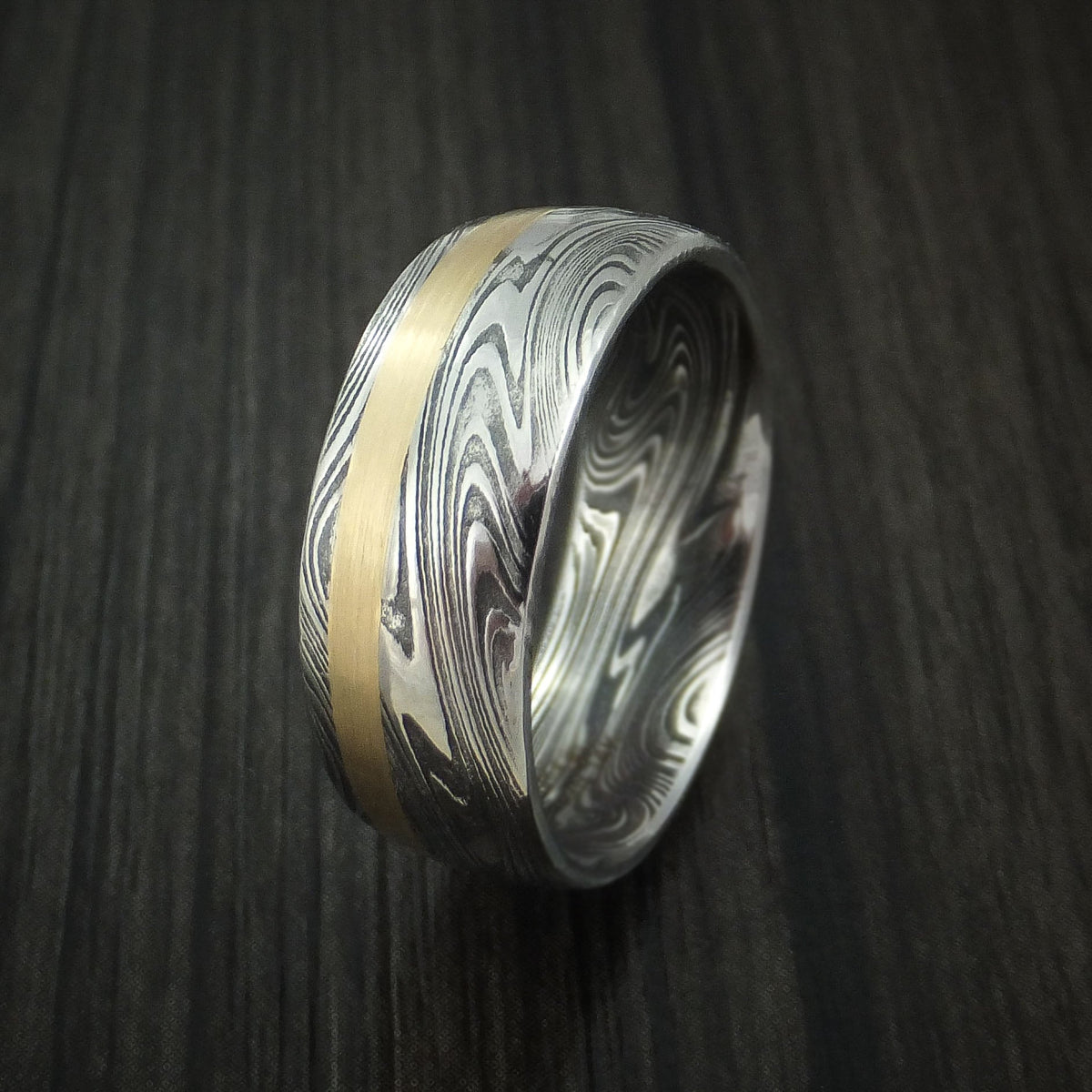 Frontier X - Marbled Kuro Damascus Steel and 14k Rose Gold Men's Ring Wedding Ring - view 4 - Nura Lab