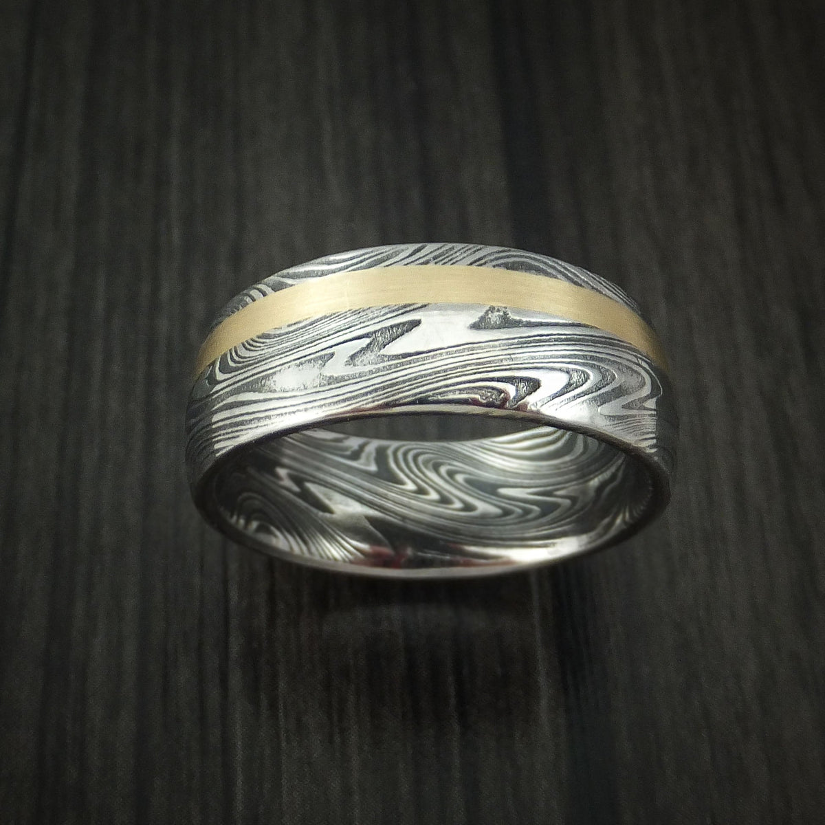 Frontier X - Marbled Kuro Damascus Steel and 14k Rose Gold Men's Ring Wedding Ring - view 2 - Nura Lab