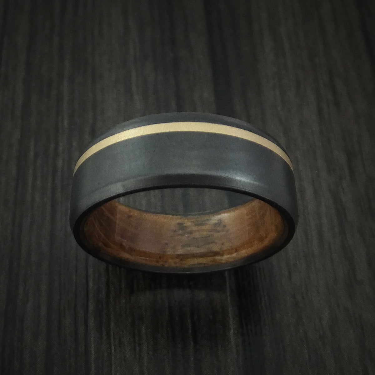 Highland XII - Black Zirconium Men's Wedding Ring with 14K Yellow Gold Inlay and Hardwood Sleeve - view 2 - Nura Lab